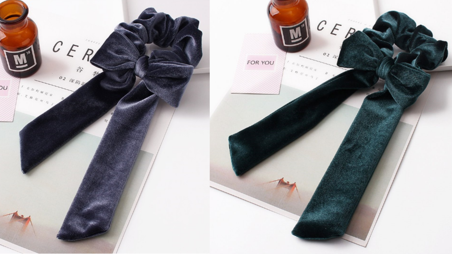 Velvet Bow Scrunchie Set - Blue/Grey & Green Set
