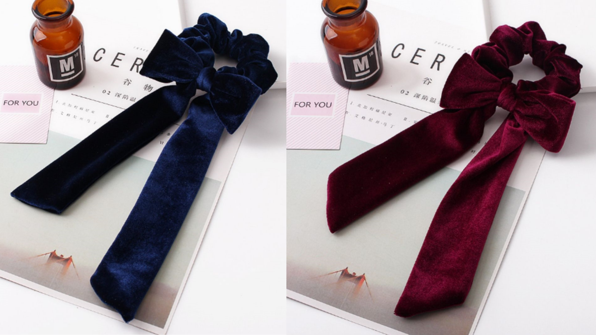 Velvet Bow Scrunchie Set - Blue & Maroon Set