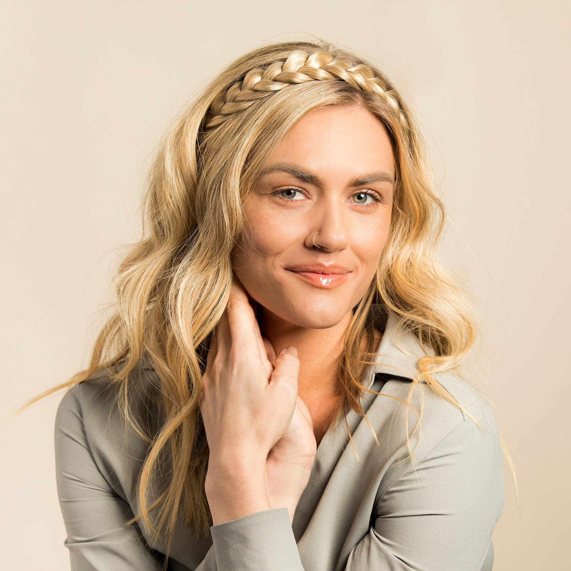 Bogo - Lulu Two Strand Braided Headband + Top Knot Ponytail - Ashy Highlighted