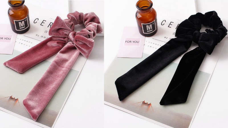 Velvet Bow Scrunchie Set - Pink & Black Set